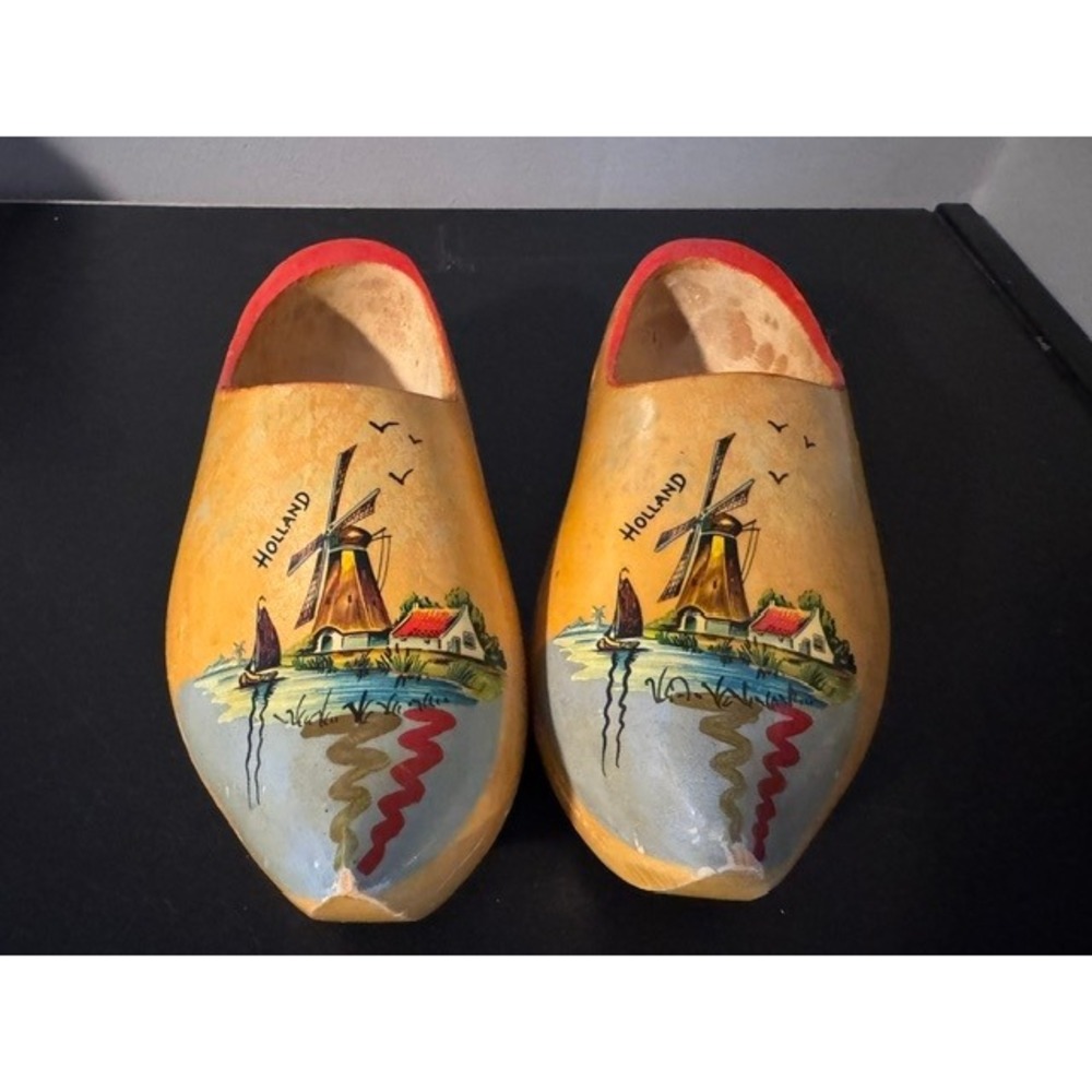 Vintage Dutch Wooden Shoes Clogs Holland Windmill Womens size 6-7 24 cm EU 37-38